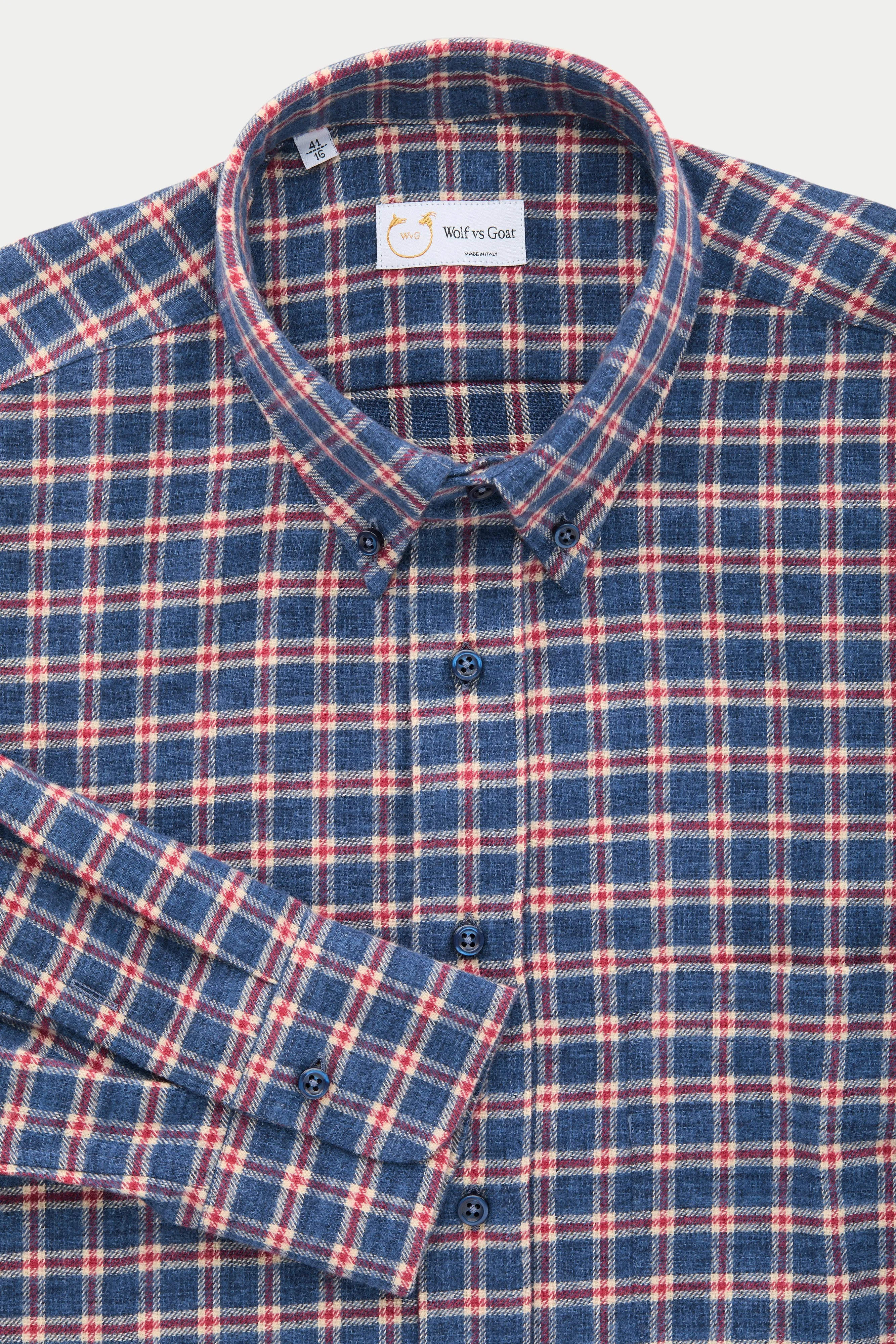 Long Sleeve Regular After-Dinner Button Down Shirt Cotton Cream and Blue Plaid