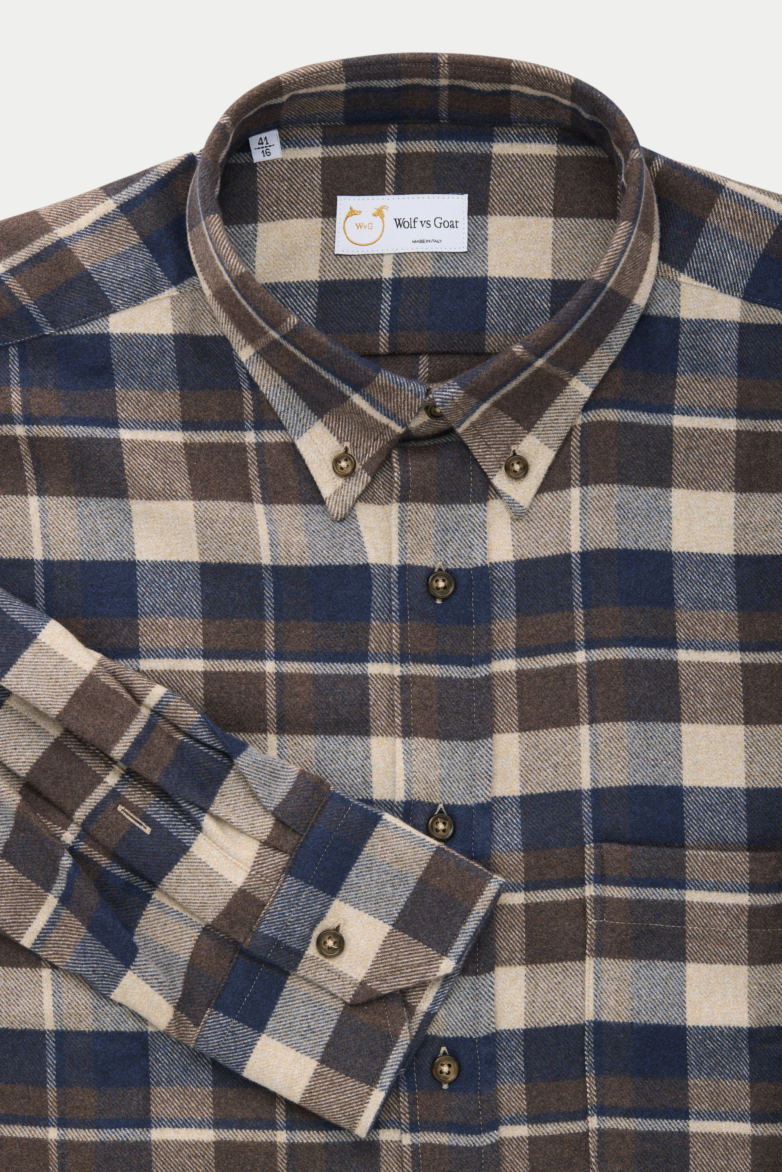 Long Sleeve Regular Button Down Shirt Navy White and Brown Plaid