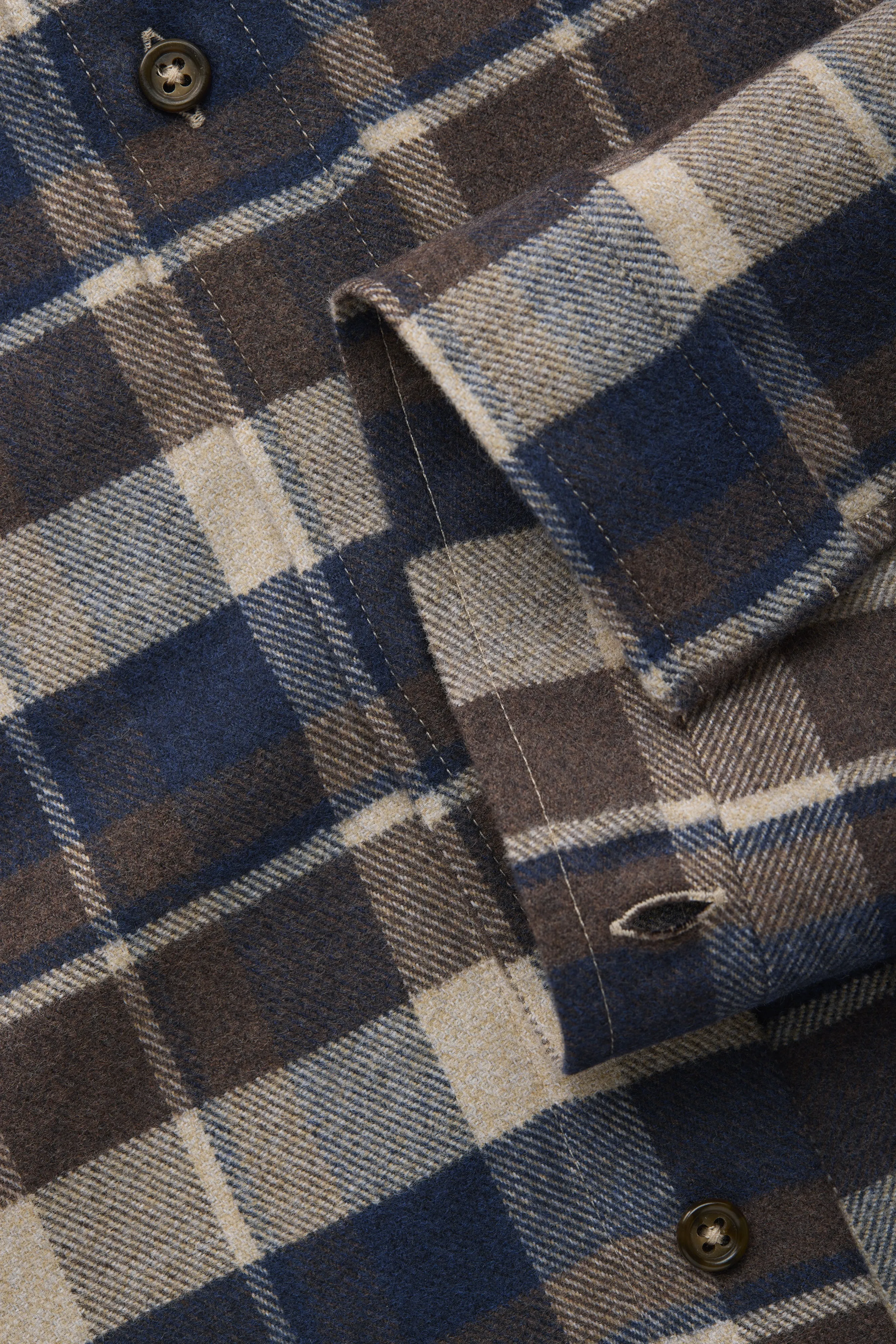 Long Sleeve Regular Button Down Shirt Navy White and Brown Plaid