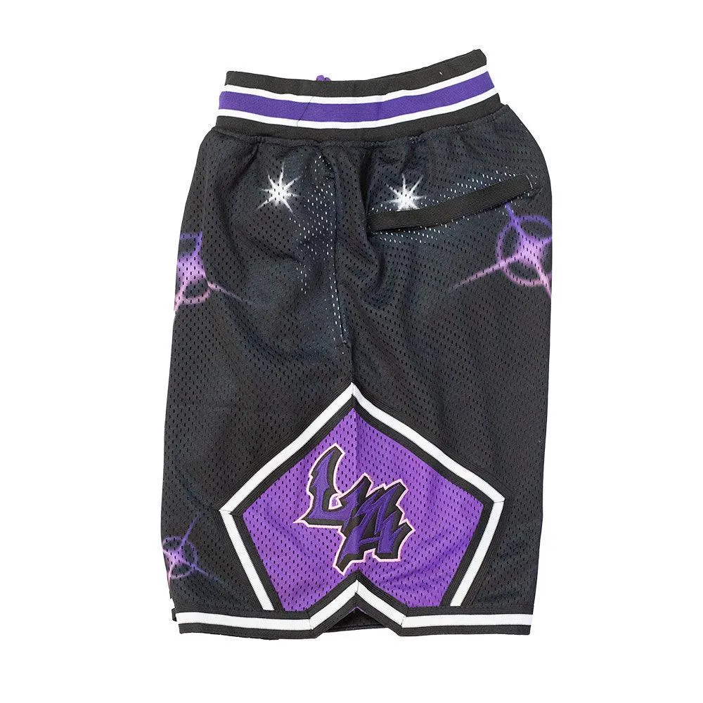 LOS ANGELES AIRBRUSH BASKETBALL SHORTS (BLACK/PURPLE)