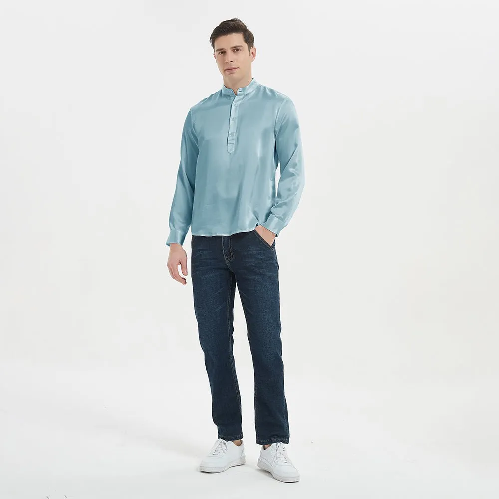 Luxury Silk Henley Shirts For Men Pure Silk Stand Collar Top