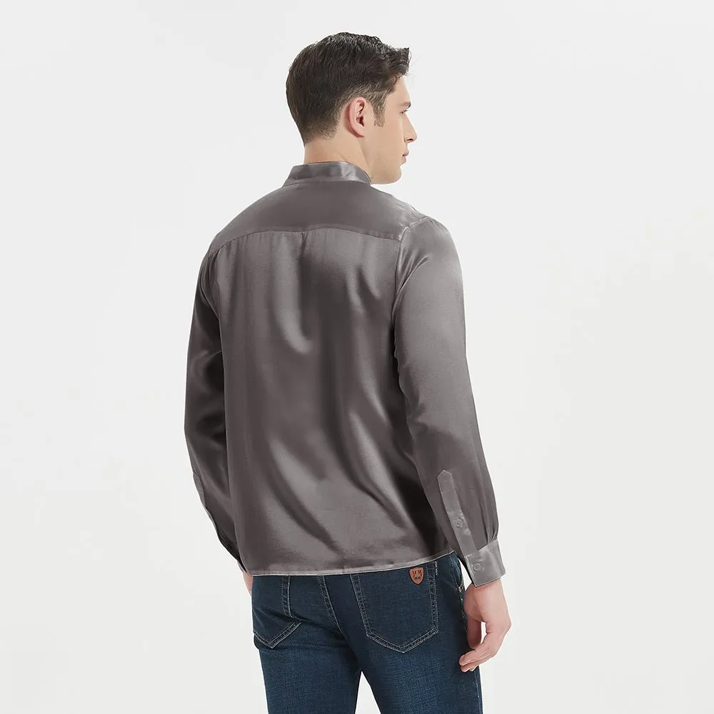 Luxury Silk Henley Shirts For Men Pure Silk Stand Collar Top