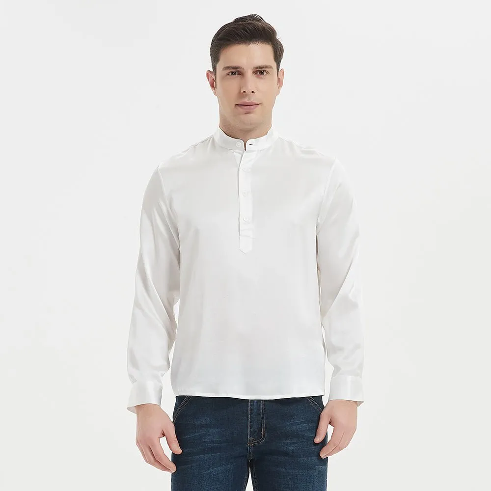 Luxury Silk Henley Shirts For Men Pure Silk Stand Collar Top