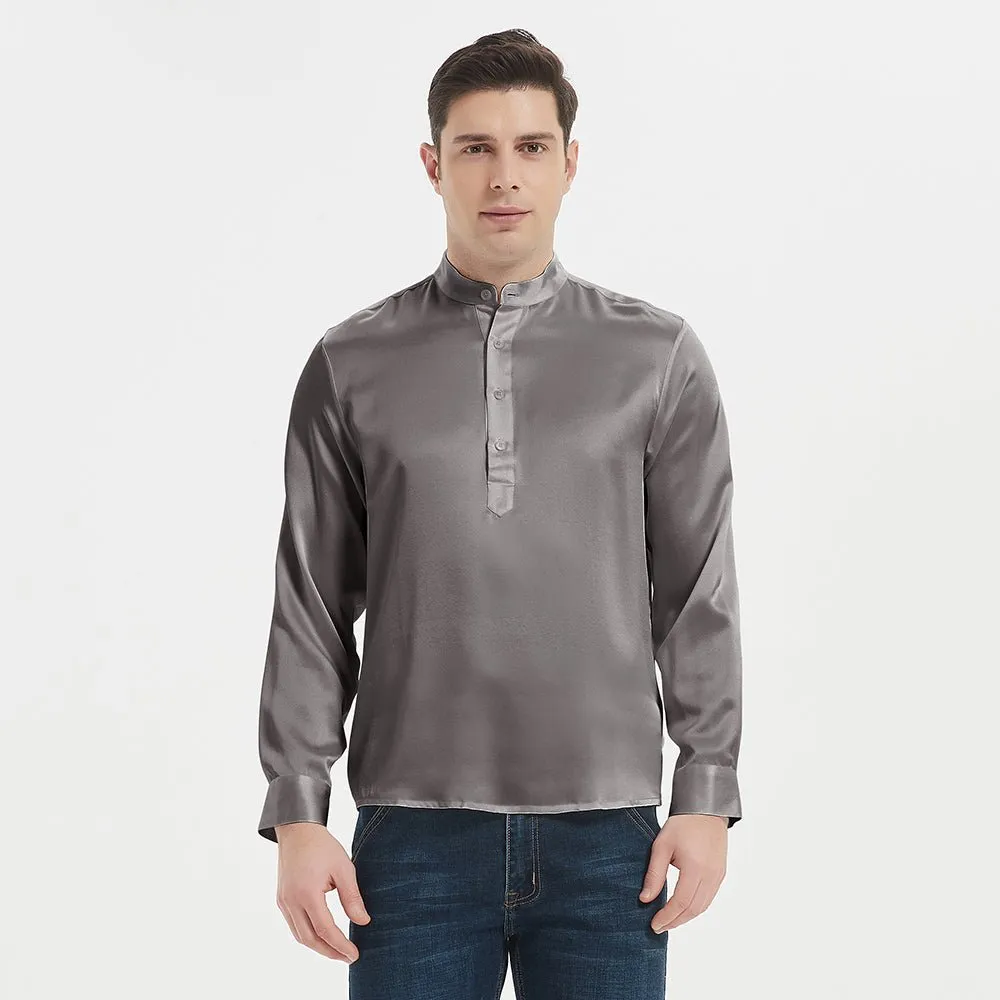 Luxury Silk Henley Shirts For Men Pure Silk Stand Collar Top