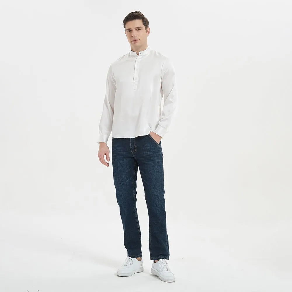 Luxury Silk Henley Shirts For Men Pure Silk Stand Collar Top