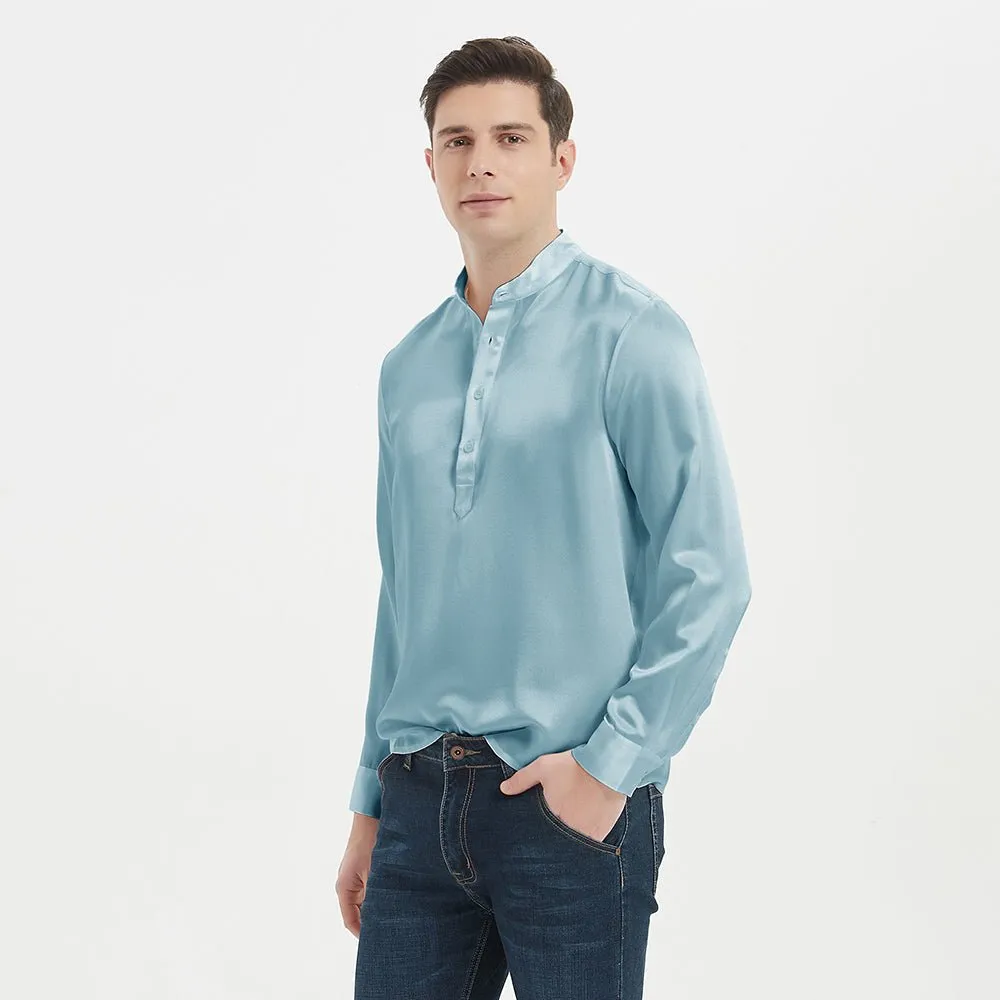 Luxury Silk Henley Shirts For Men Pure Silk Stand Collar Top