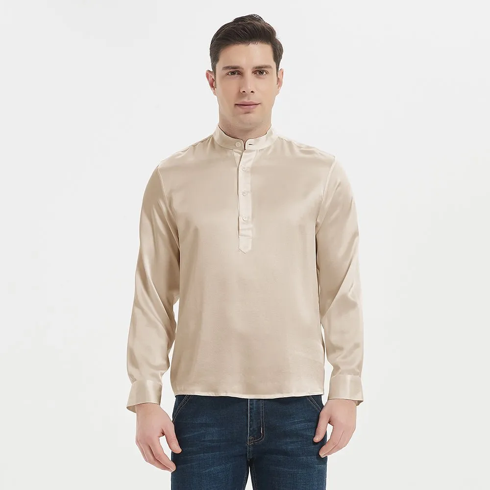 Luxury Silk Henley Shirts For Men Pure Silk Stand Collar Top