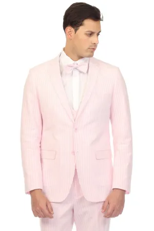 Men's 2PC Summer Seersucker Modern Fit Suit in Pink Pinstripe