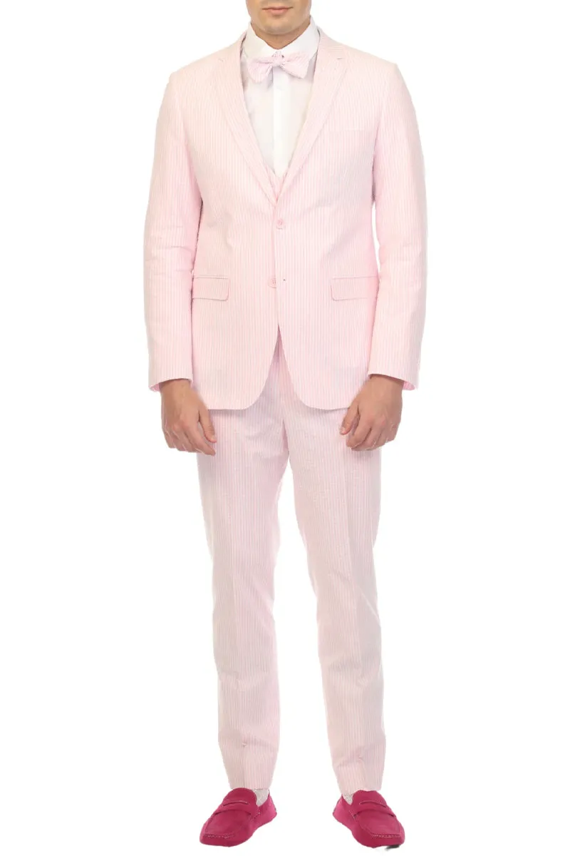 Men's 2PC Summer Seersucker Modern Fit Suit in Pink Pinstripe