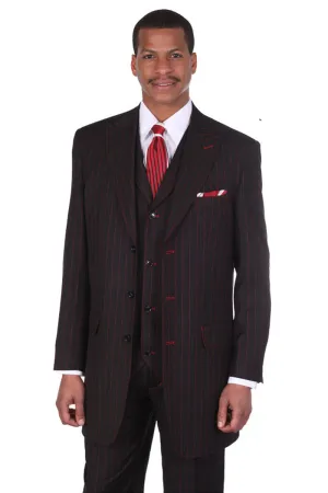 Mens 3 Button Vested Wide Peak Lapel 1920's Gangster Pinstripe Suit in Black/Red
