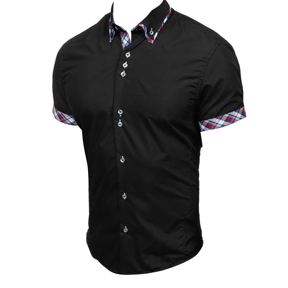 Men's Button down Tailor Fit Soft 100% Cotton Short Sleeve Dress Shirt Black with Colorful Check casual And Formal