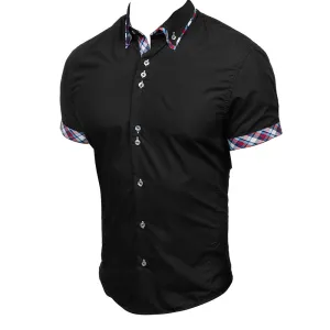 Men's Button down Tailor Fit Soft 100% Cotton Short Sleeve Dress Shirt Black with Colorful Check casual And Formal