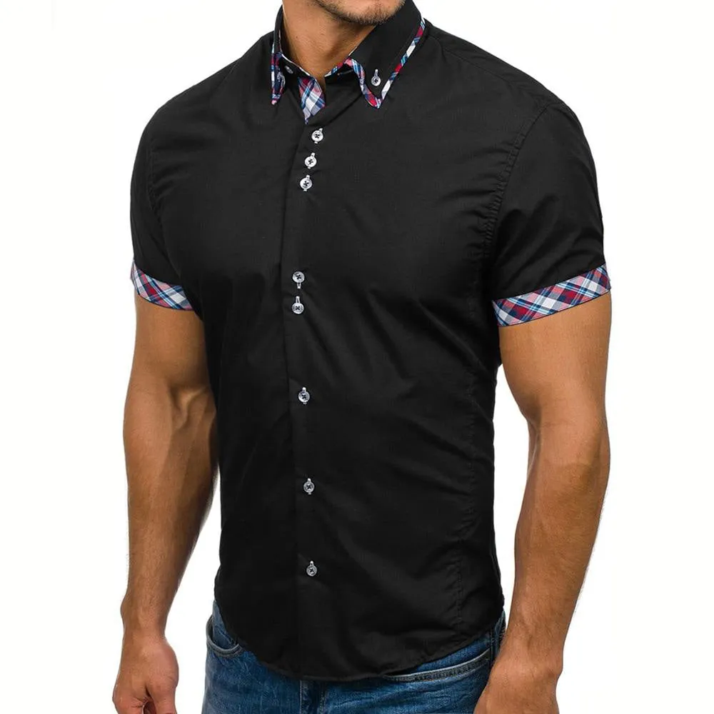 Men's Button down Tailor Fit Soft 100% Cotton Short Sleeve Dress Shirt Black with Colorful Check casual And Formal