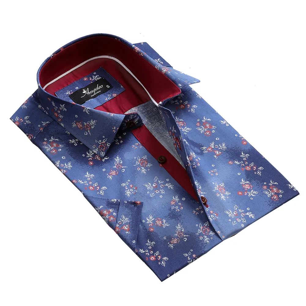 Men's Button down Tailor Fit Soft 100% Cotton Short Sleeve Dress Shirt Blue with Red Floral casual And Formal