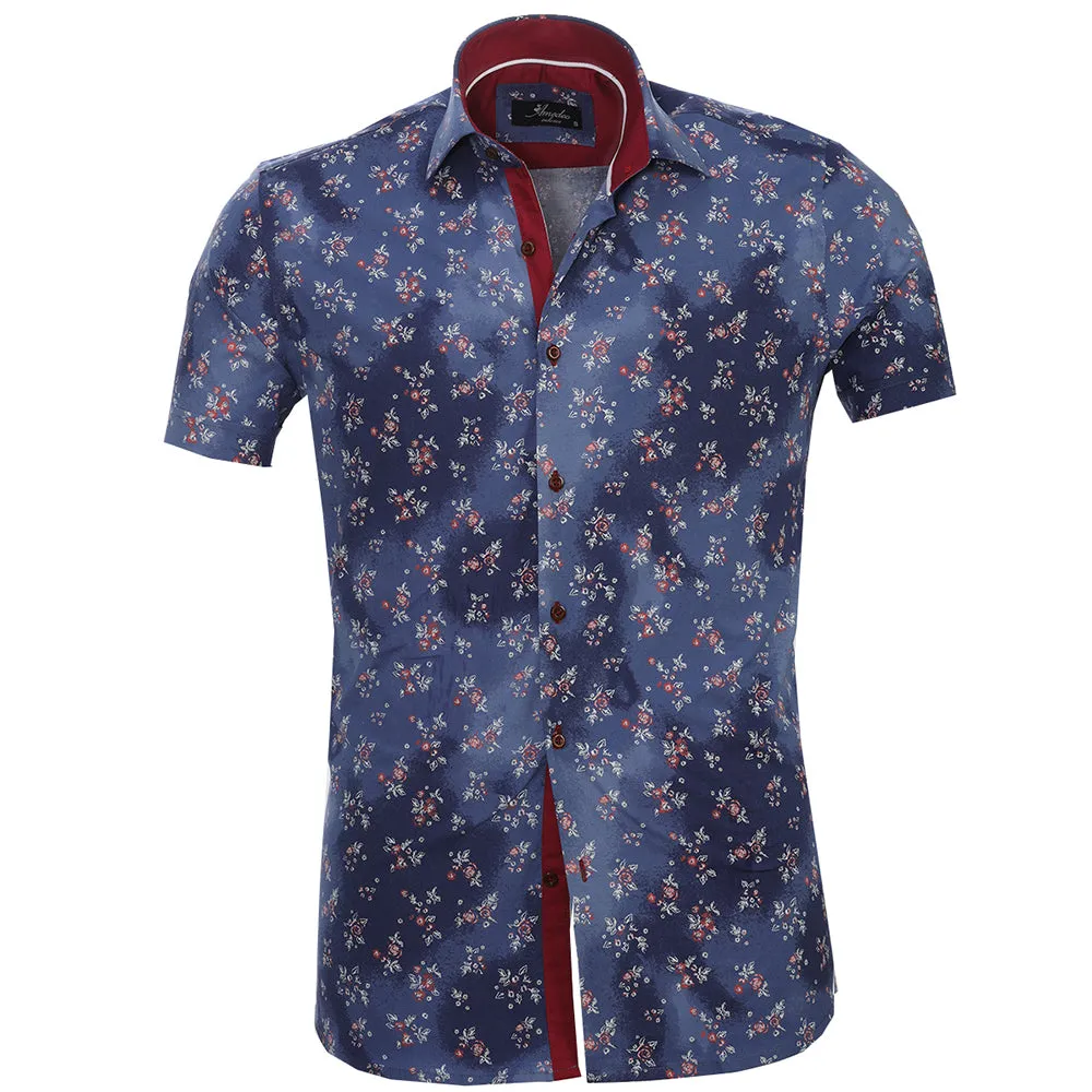 Men's Button down Tailor Fit Soft 100% Cotton Short Sleeve Dress Shirt Blue with Red Floral casual And Formal