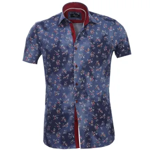 Men's Button down Tailor Fit Soft 100% Cotton Short Sleeve Dress Shirt Blue with Red Floral casual And Formal