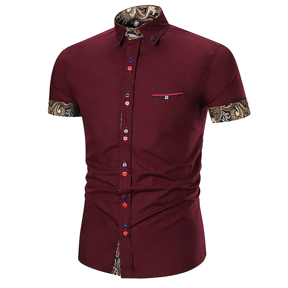 Men's Button down Tailor Fit Soft 100% Cotton Short Sleeve Dress Shirt Burgandy with Black Gold Paisley check casual And Formal