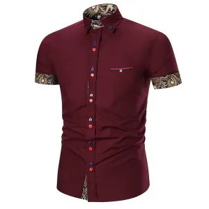 Men's Button down Tailor Fit Soft 100% Cotton Short Sleeve Dress Shirt Burgandy with Black Gold Paisley check casual And Formal