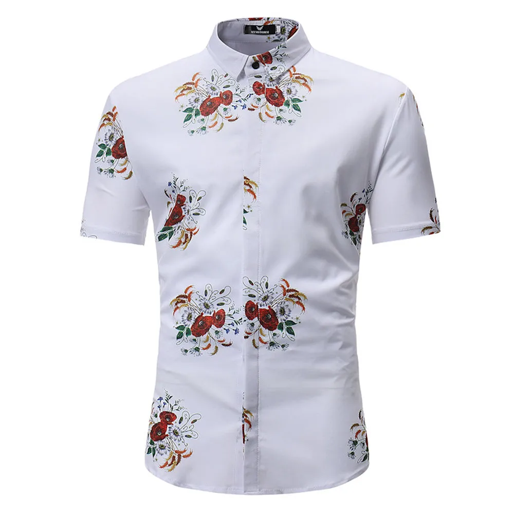 Men's Button down Tailor Fit Soft 100% Cotton Short Sleeve Dress Shirt White Floral casual & Formal