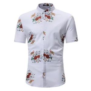 Men's Button down Tailor Fit Soft 100% Cotton Short Sleeve Dress Shirt White Floral casual & Formal