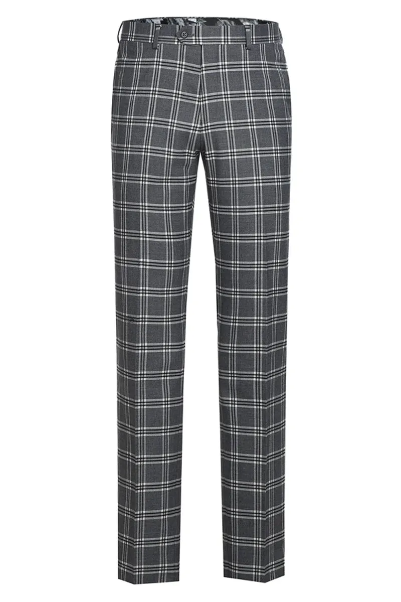 Mens Designer Slim Fit Peak Lapel Suit in Grey Windowpane Plaid