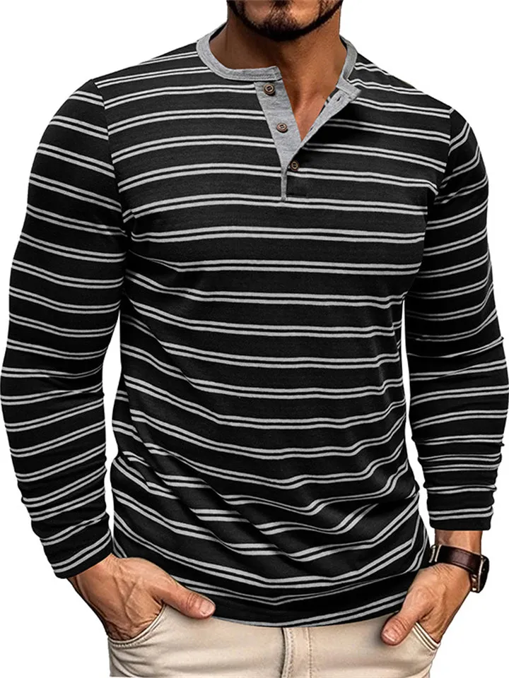 Men's Leisure Three-button Striped Henley Shirts