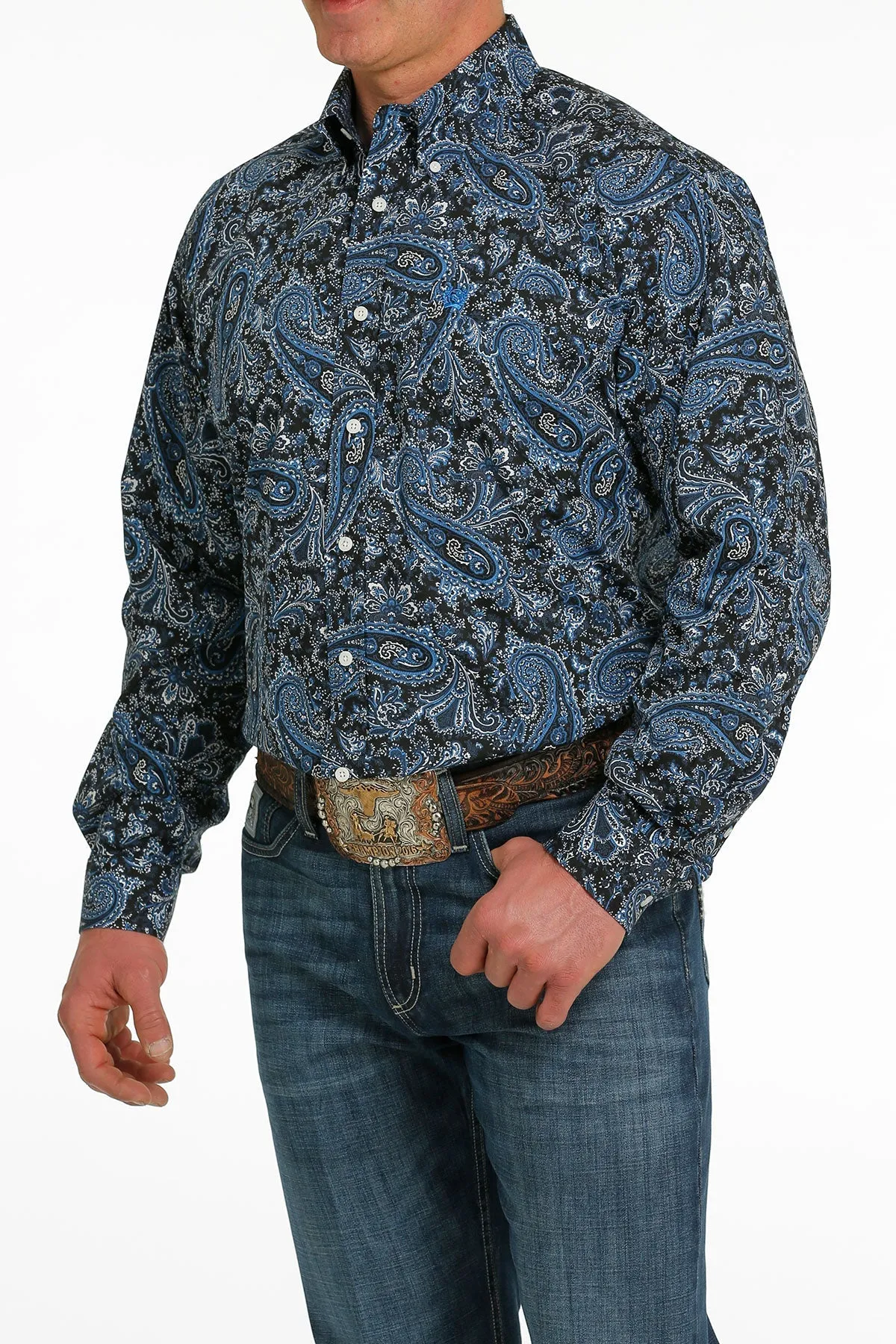 MENS NAVY PRINT CINCH LONG SLEEVE SHIRT