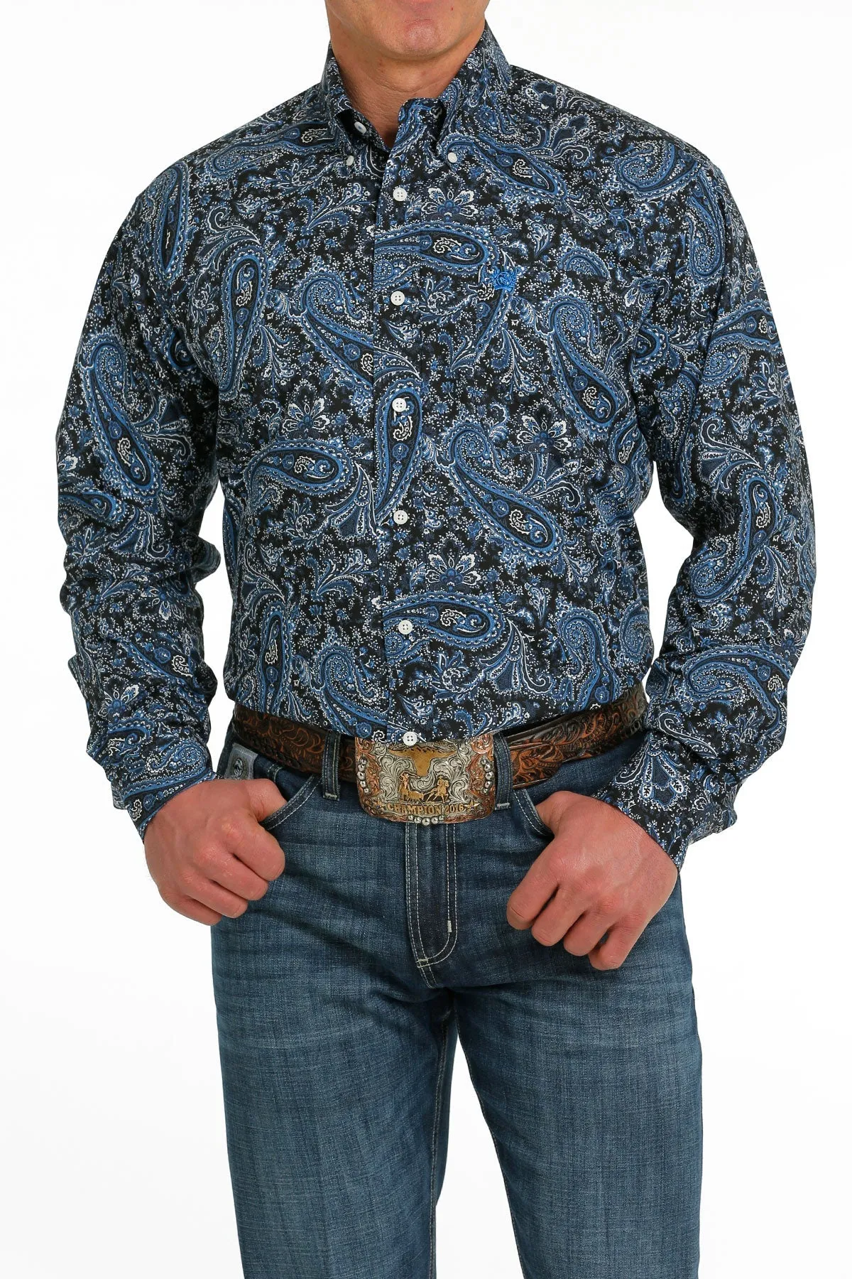 MENS NAVY PRINT CINCH LONG SLEEVE SHIRT
