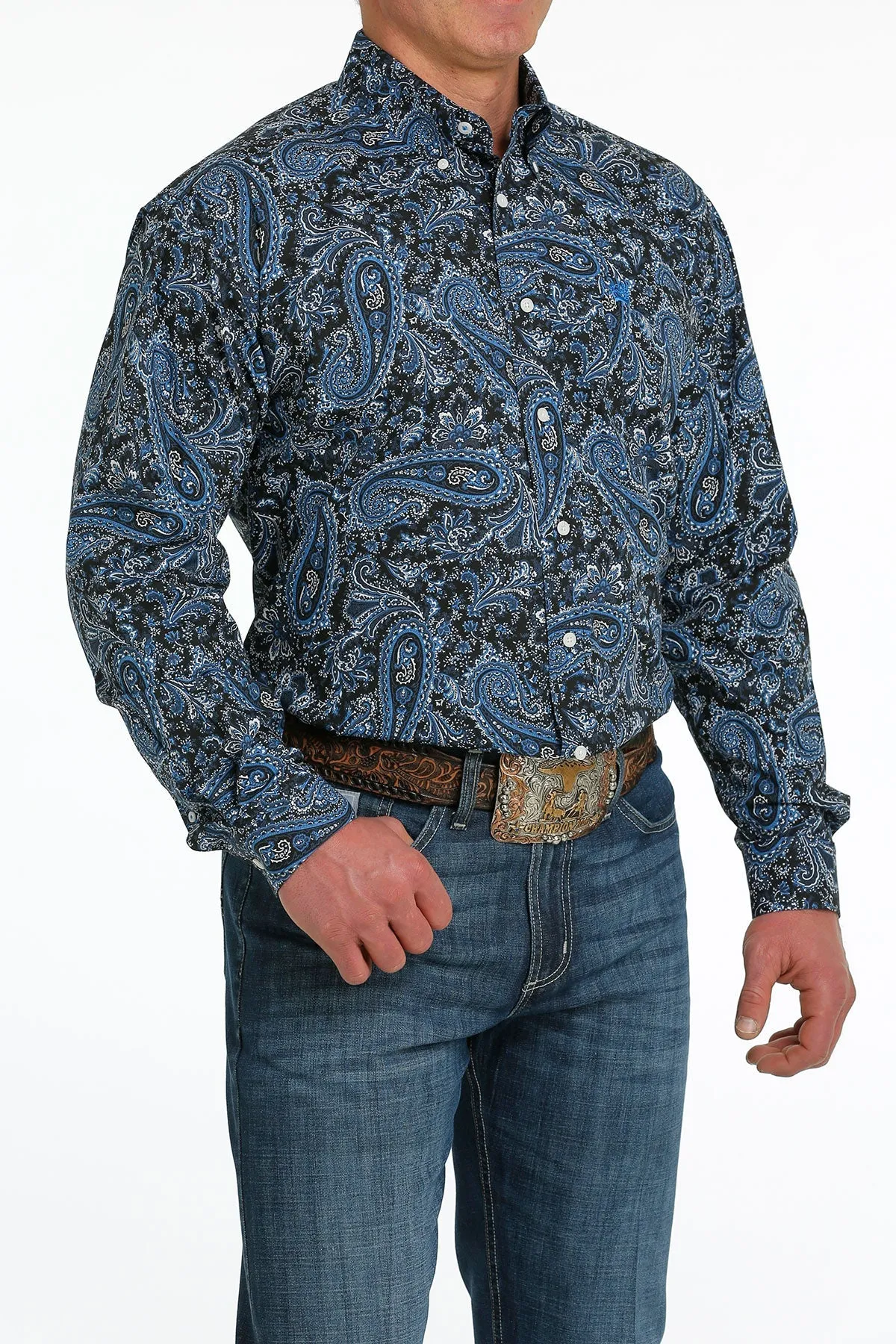 MENS NAVY PRINT CINCH LONG SLEEVE SHIRT