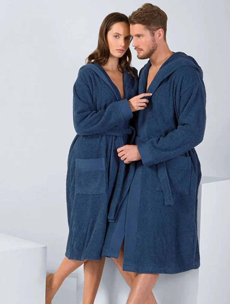 Men's Navy Turkish Cotton Hooded Terry Bathrobe