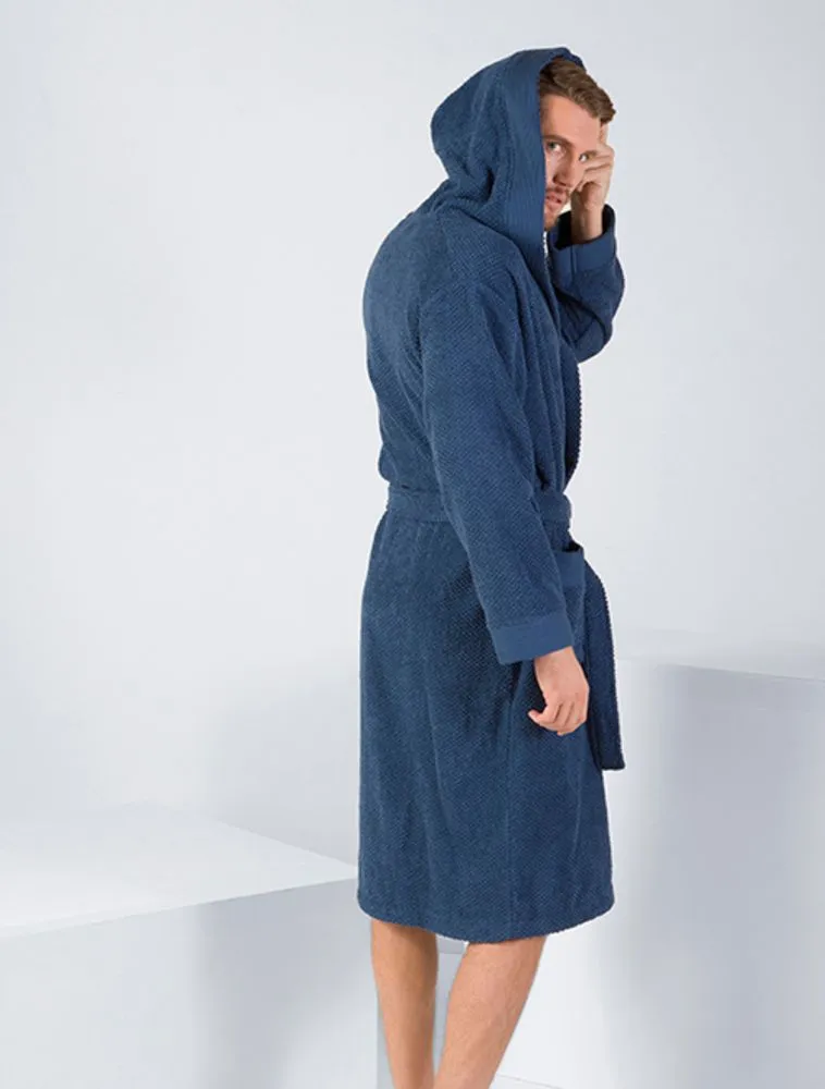 Men's Navy Turkish Cotton Hooded Terry Bathrobe