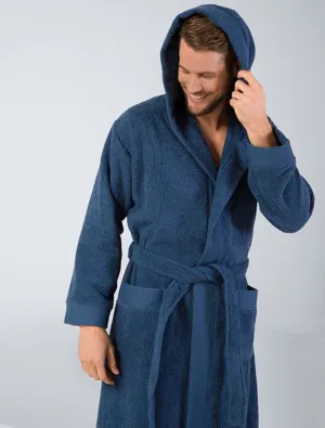 Men's Navy Turkish Cotton Hooded Terry Bathrobe