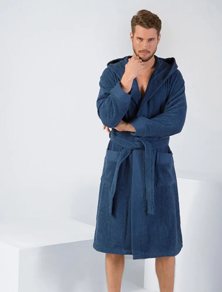 Men's Navy Turkish Cotton Hooded Terry Bathrobe