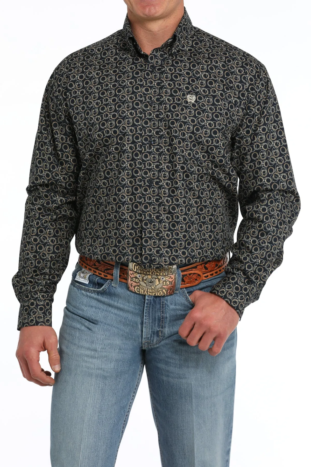 Men's Rope Print Button-Down Western Shirt - Navy