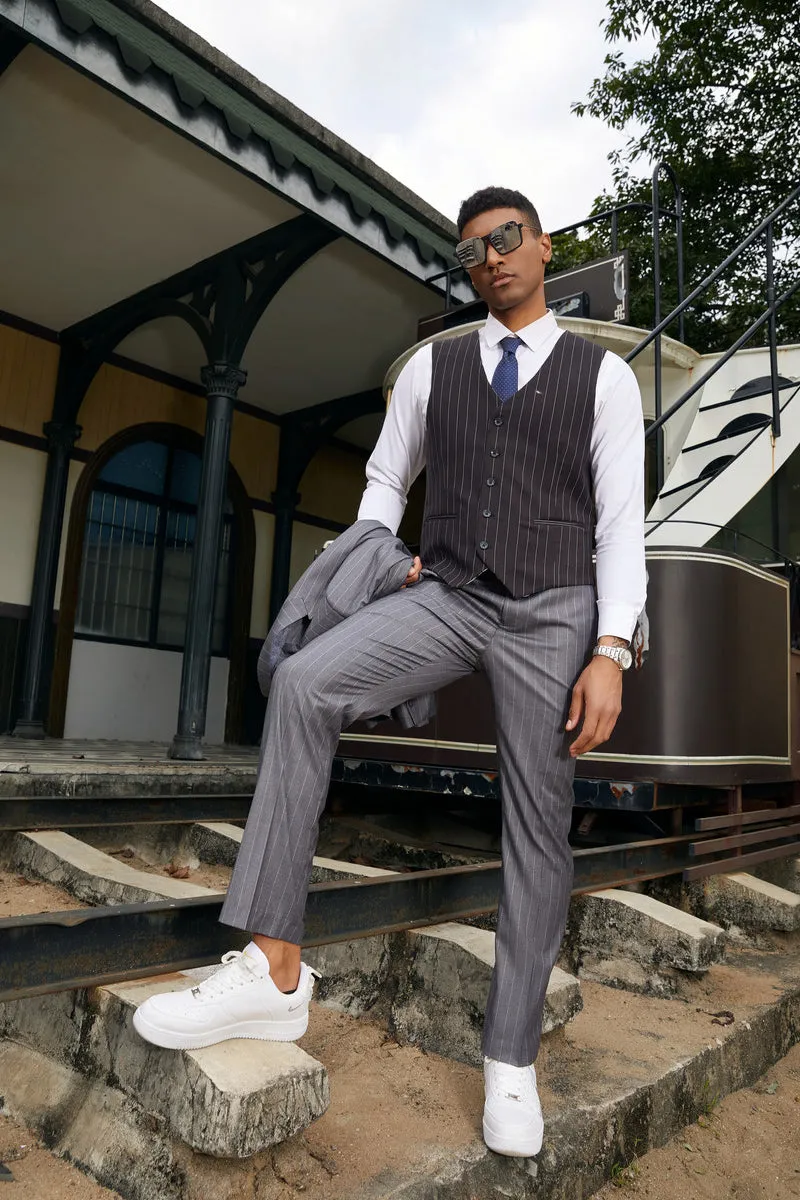 Men's Stacy Adam's One Button Vested Modern Suit in Grey Pinstripe