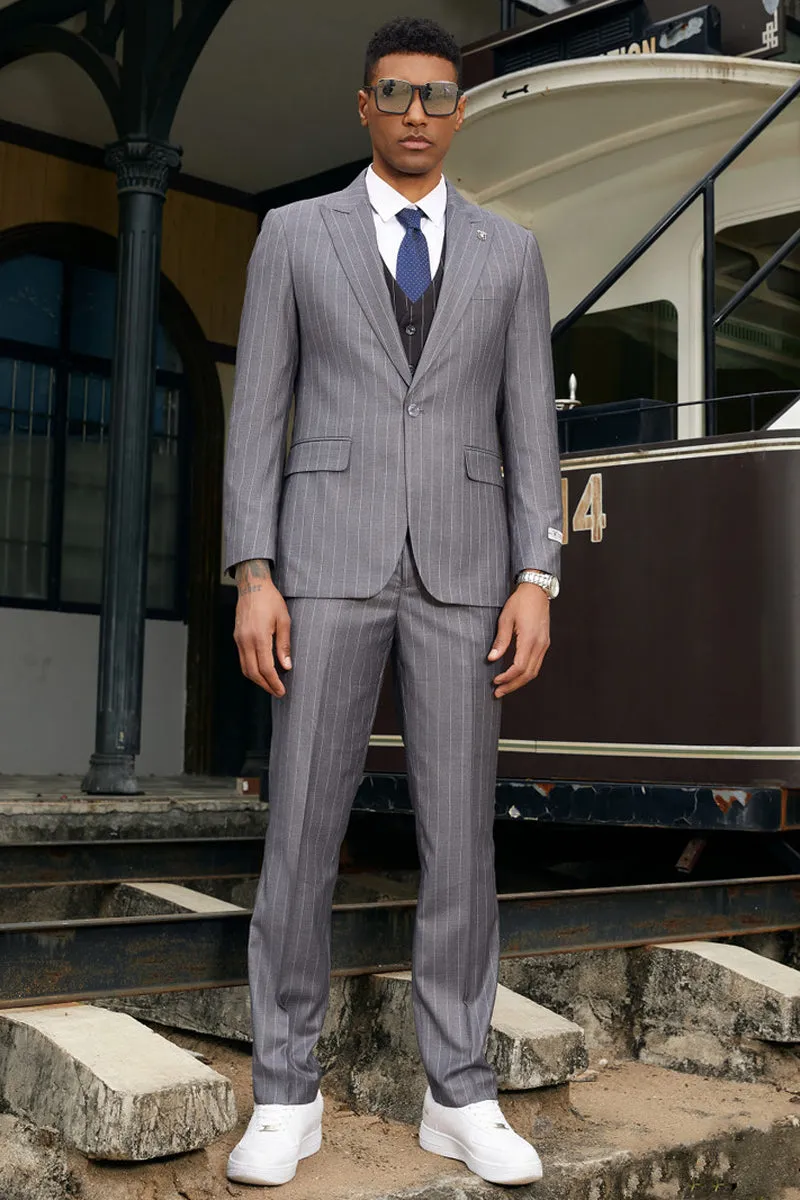 Men's Stacy Adam's One Button Vested Modern Suit in Grey Pinstripe