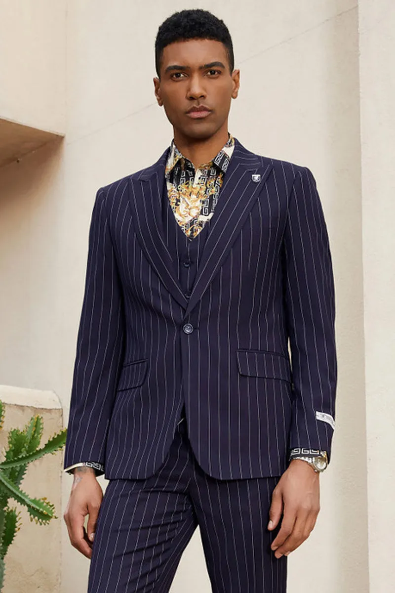Men's Stacy Adam's One Button Vested Modern Suit in Midnight Navy Blue Pinstripe