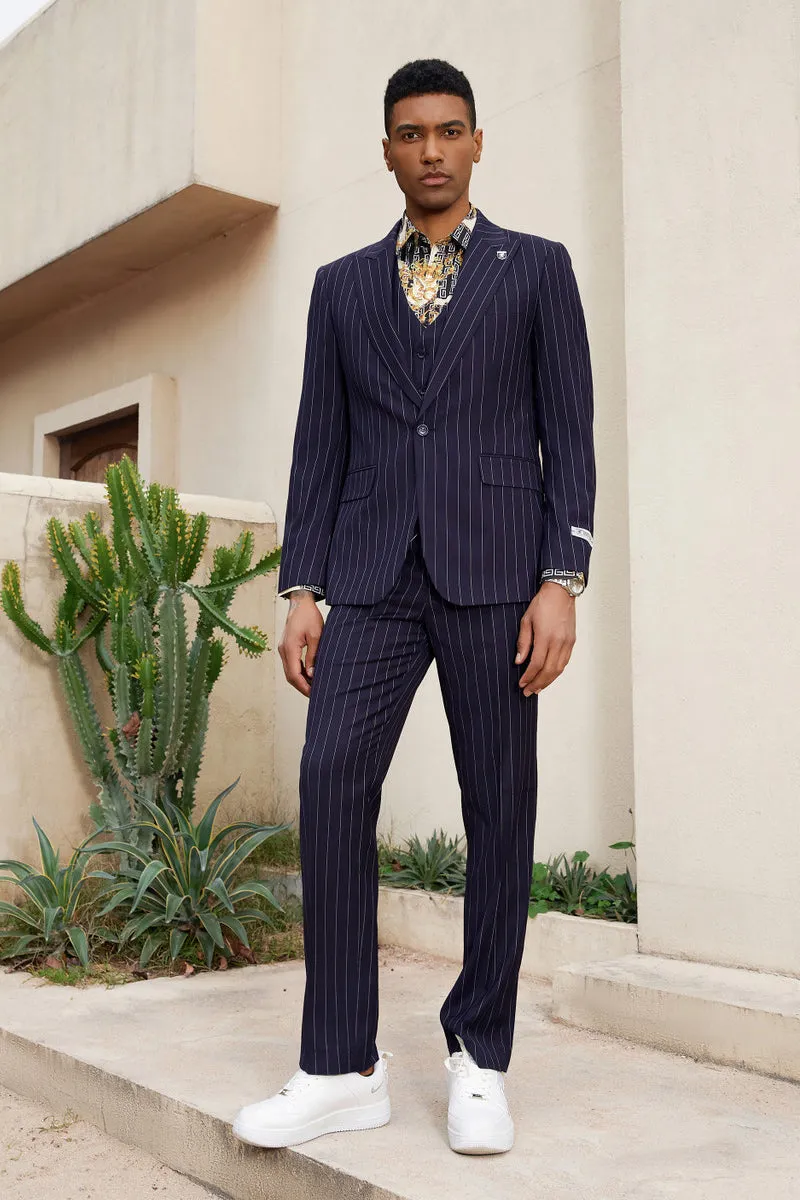 Men's Stacy Adam's One Button Vested Modern Suit in Midnight Navy Blue Pinstripe