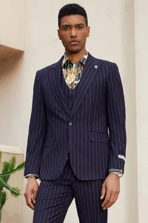 Men's Stacy Adam's One Button Vested Modern Suit in Midnight Navy Blue Pinstripe