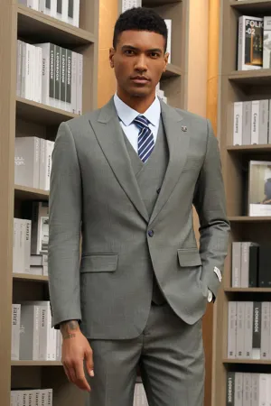 Men's Stacy Adams Vested One Button Peak Lapel Designer Suit in Dark Green
