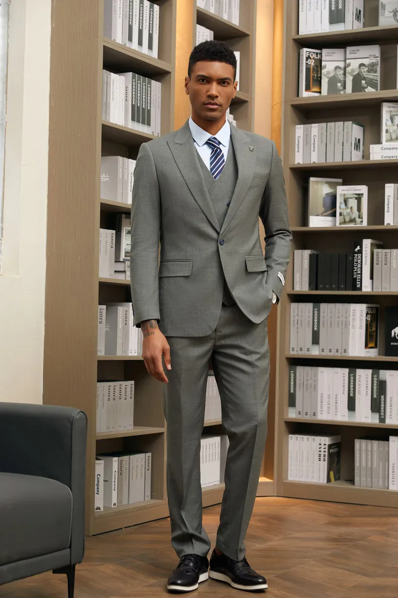 Men's Stacy Adams Vested One Button Peak Lapel Designer Suit in Dark Green