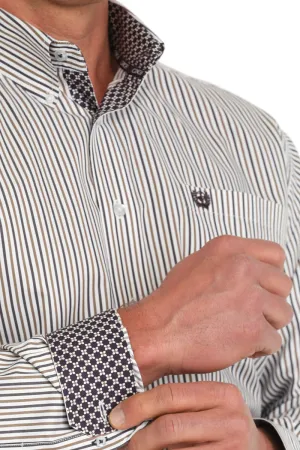 Men's Striped Button-Down Western Shirt - White