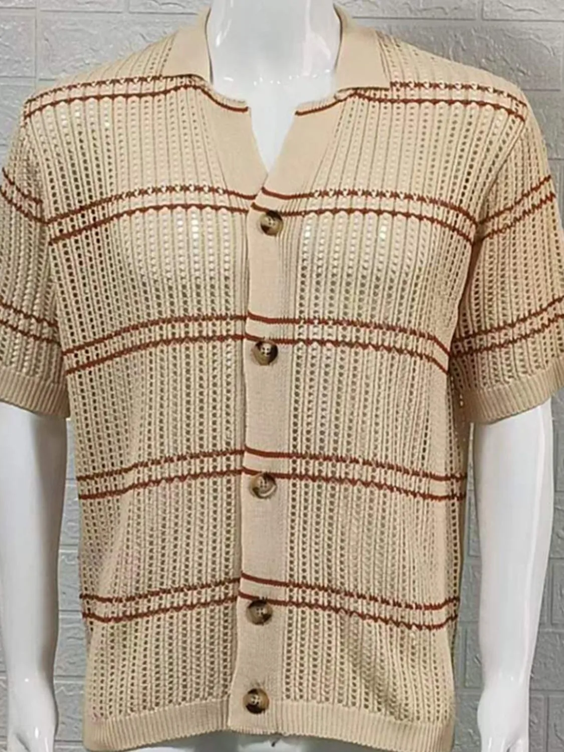 Men's Striped Collared Neck Hollow Out Shirt