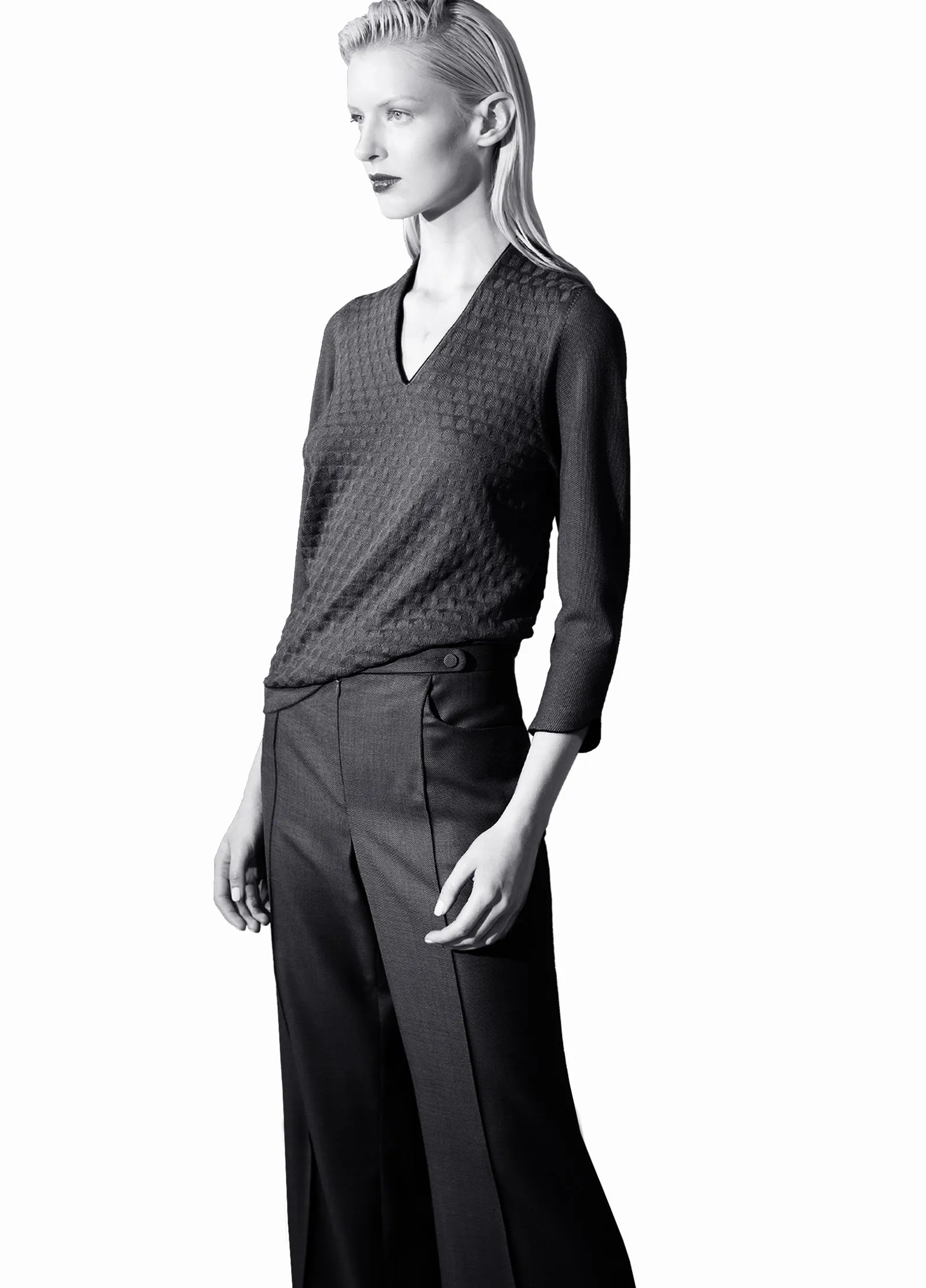 Micro Geometric Fine Wool Wide Leg Pants