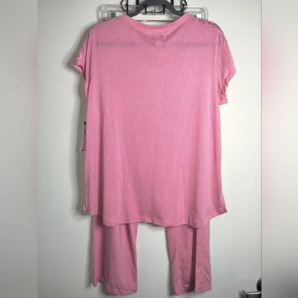 Miss Elaine (Size L) Pink &amp; Lace Trim (2PC) Short Sleeve Pajama Set (NEW-NWT)