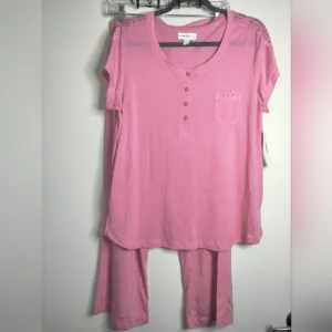 Miss Elaine (Size L) Pink &amp; Lace Trim (2PC) Short Sleeve Pajama Set (NEW-NWT)