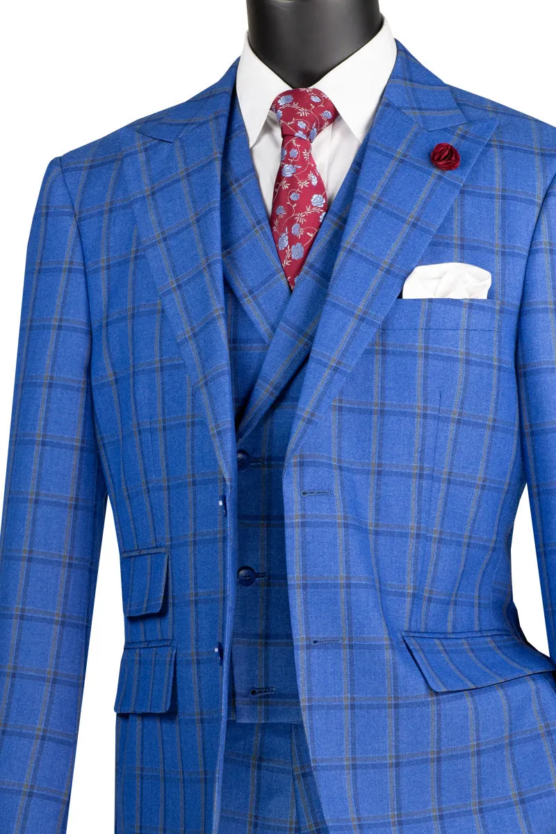 Modern Fit 3 Piece Windowpane Suit (Royal) MV2W-2