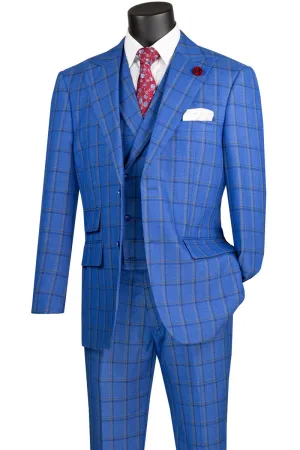 Modern Fit 3 Piece Windowpane Suit (Royal) MV2W-2