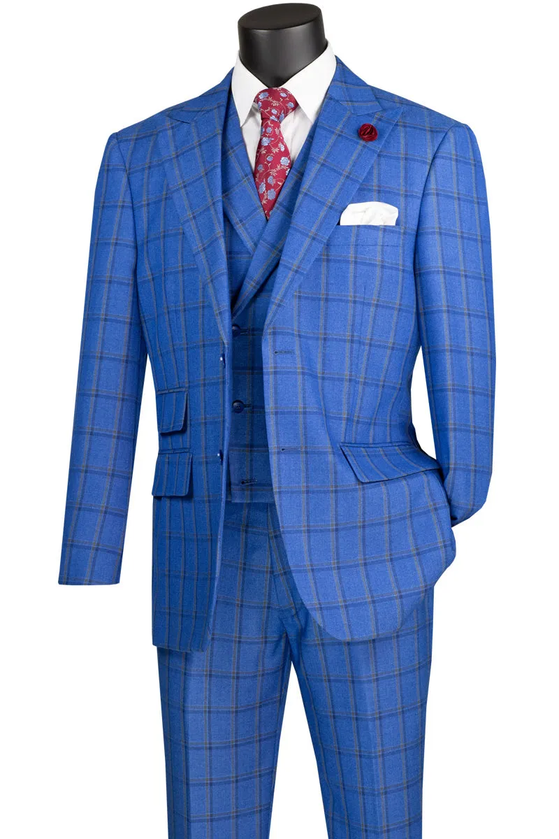Modern Fit 3 Piece Windowpane Suit (Royal) MV2W-2