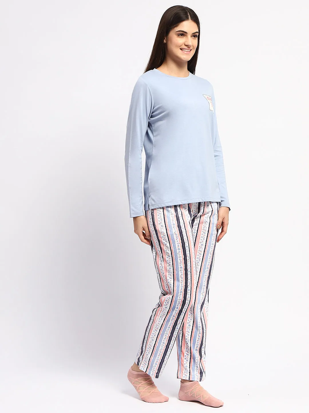 mSECRET Cotton Blue Top and Printed Bottom Nightsuit